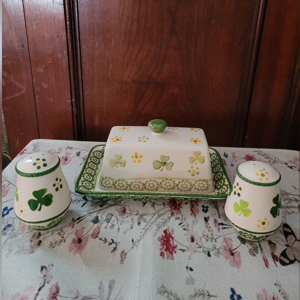Temptations by Tara Shamrock Butter Dish With S&P Shakers